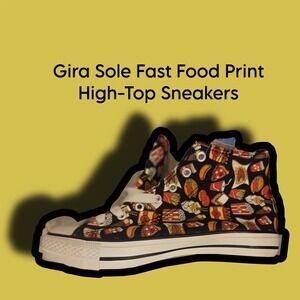 Gira Sole Fast Food Print High-Top Sneakers Womens 40 Black NEW Canvas Graphic